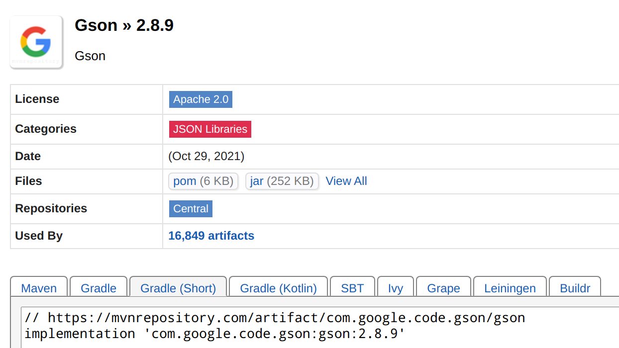 Figure A.10 Gson in maven repository.