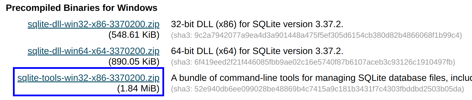 Figure A.11 SQLite download for Windows.