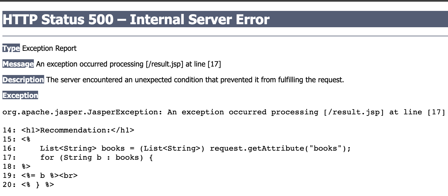 Figure 3.15 Server internal error in a view.